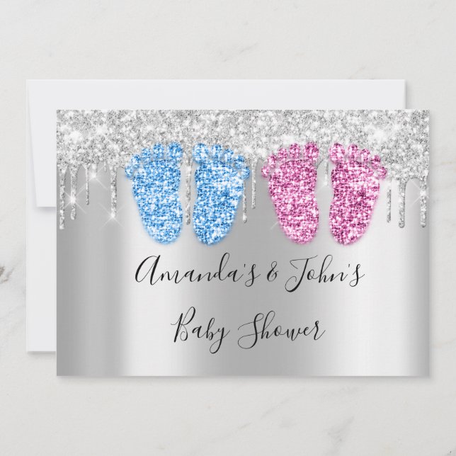 Baby ShowTropfen Silver FeetsTwins Boy Girl Blue Einladung (Rückseite)