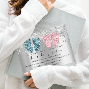 Baby ShowTropfen Silver Gray Feet Twins Boy Girl Einladung