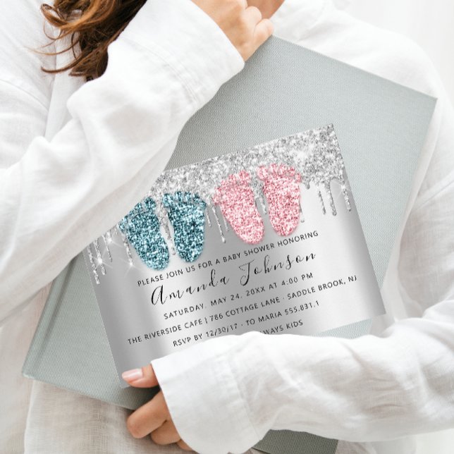 Baby ShowTropfen Silver Gray Feet Twins Boy Girl Einladung (Baby Shower Drips Silver Gray Feet Twins Boy Girl Invitation)