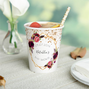 Baby Showwhite gold bordeauxfarbene Glitzer Pappbecher