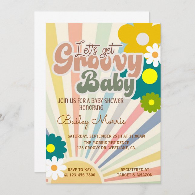 BABY SHOWY, GROOVY BABY, EINLADUNG (Vorne/Hinten)