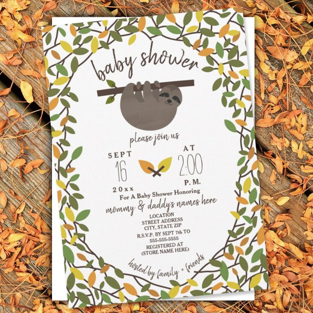 Baby Sloth Autumn Herbst Baby Shower Greenerie Einladung (Von Creator hochgeladen)