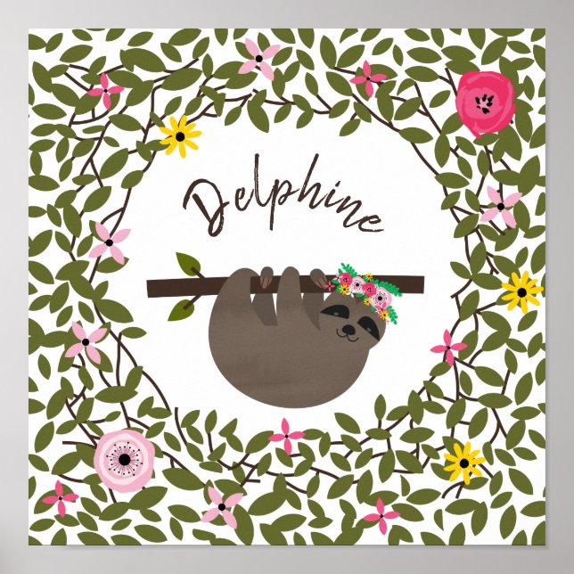 Baby Sloth Floral Greenery Baby Kinderzimmer Poster (Vorne)