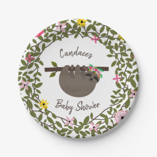 Baby Sloth Greenery Floral Baby Shower Pappteller