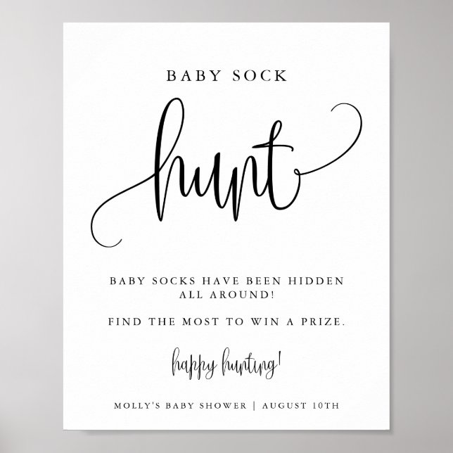 Baby Sock Hunt Shower Game Minimalistisch Calligra Poster (Vorne)