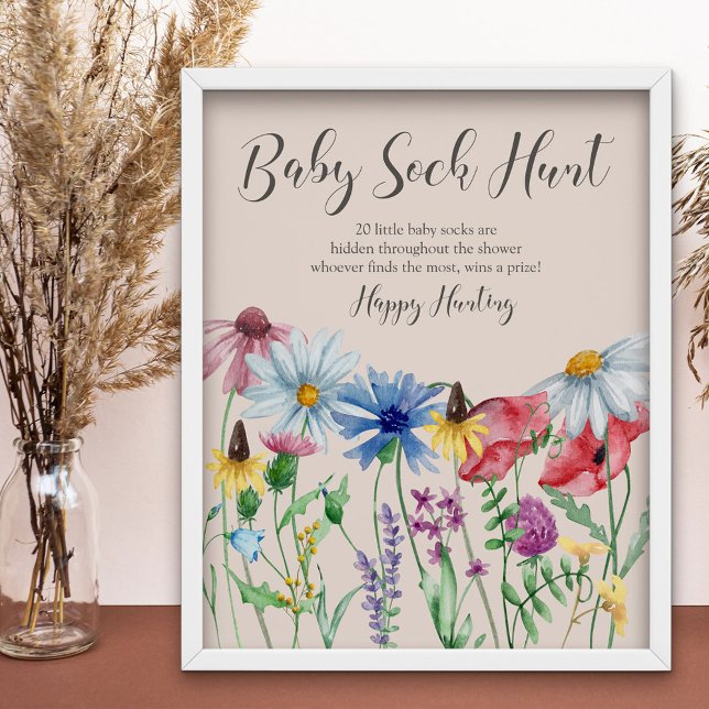 Baby Sock Hunt Wildblume Baby Showspiel Poster (Baby Sock Hunt baby shower game sign from my Wildflower Charm collection)