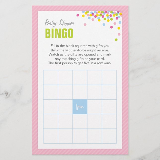 Baby Sprinkle Baby Dusche Bingo Game Card - Rosa Briefpapier (Vorderseite)