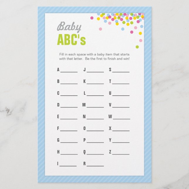 Baby Sprinkle / Baby Shower ABCs Game - Blau (Vorderseite)