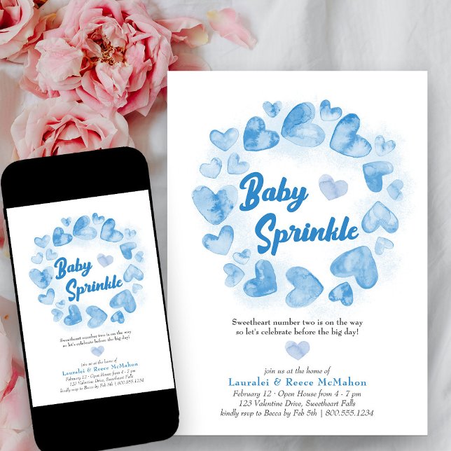Baby Sprinkle Blue Valentines Little Sweetheart Einladung (Baby Sprinkle Blue Love Heart Baby Shower Invitation)