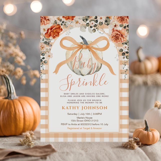 Baby Sprinkle Bow Gingham Pumpkin Baby Shower Einladung (Von Creator hochgeladen)