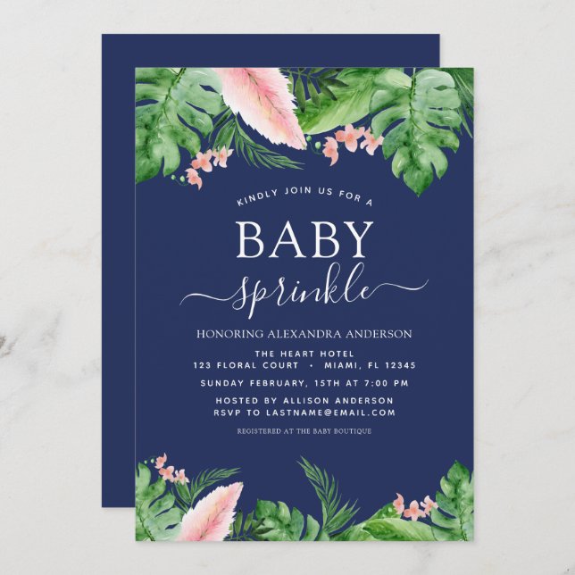 Baby Sprinkle Dusche Tropical Navy Blauer Blütenst Einladung (Vorne/Hinten)
