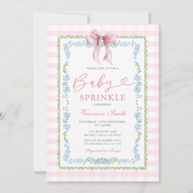 Baby Sprinkle Einladung Rosa Gingham Blumenband (Vorderseite)