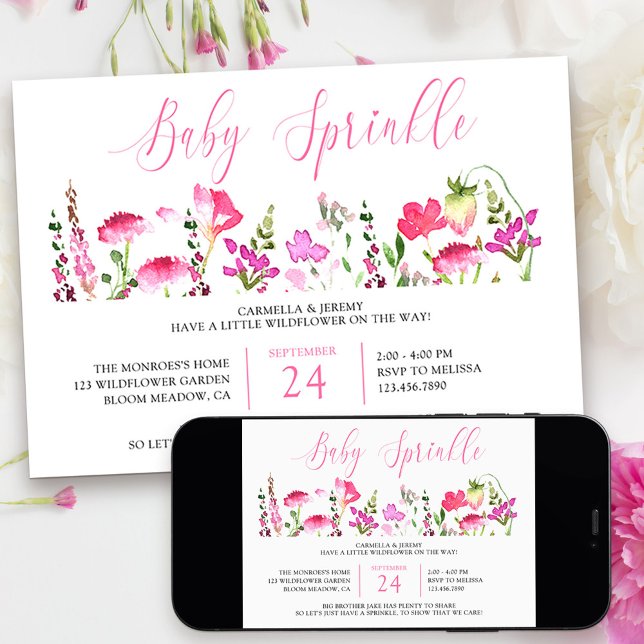 Baby Sprinkle Hübsch Pink Wildblume Einladung (Baby Sprinkle Little Wildfower Baby Shower Invitation from my Pink Wildflower Collection)
