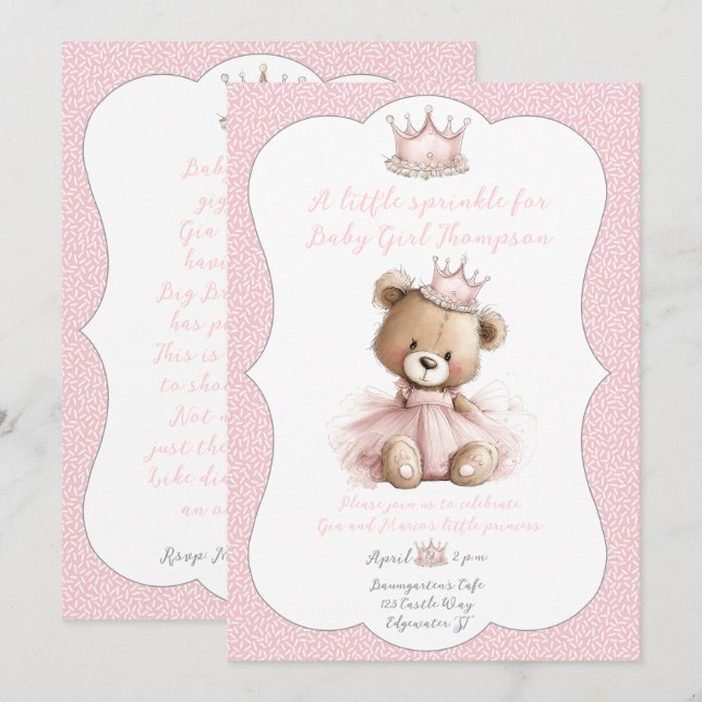 Baby Sprinkle Invitation Teddy Bear Princess Einladung (Vorne/Hinten)