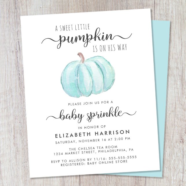 Baby Sprinkle Pumpkin Blue Watercolor Einladung (Celebrate the upcoming arrival of your little autumn baby boy with a pumpkin-themed baby sprinkle)