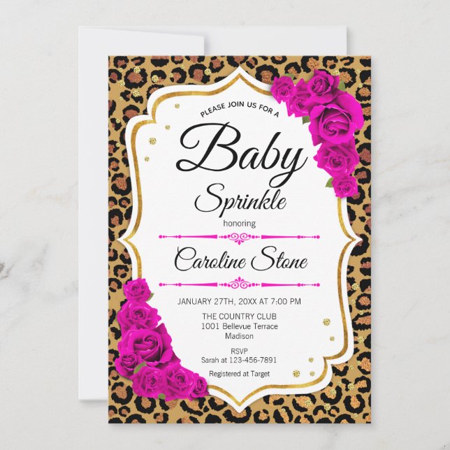 Baby Sprinkle - Rosa Gold Leopard Print Einladung (Vorderseite)