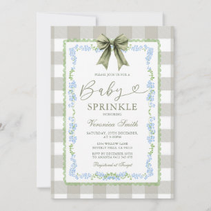 Baby Sprinkle Sage Gingham Floral Bow Einladung