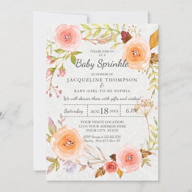 Baby Sprinkle Typografie Aquarell Blumenkranz Einladung (Vorderseite)
