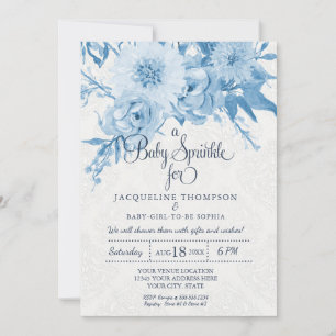 Baby Sprinkle Watercolor Navy Blau und Weiße Blume Einladung