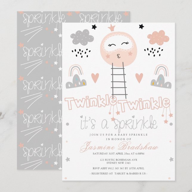 Baby Sprinkle Weg zum Mond Rosa Grau Einladung (Vorne/Hinten)