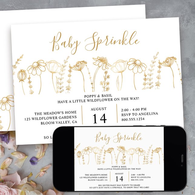 Baby Sprinkle Wildblume Gold Sketch Baby Dusche Einladung (little wildflower sprinkle invitation in gold and white - message me to create additional templates)