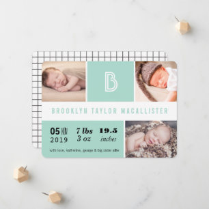 Baby Statistik Monogramm Grün Farbfeld Foto Geburt Ankündigung