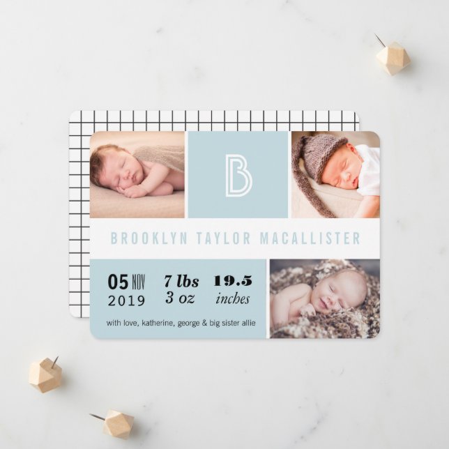 Baby Stats Monogram Blue Color Blocks Foto Birth Ankündigung (Vorderseite/Rückseite Beispiel)