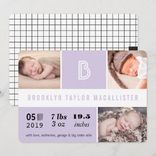 Baby Stats Monogram Lila Color Block Foto Birth Ankündigung