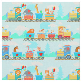 Baby Steam Motor Animals Train on Blue Fabric Stoff