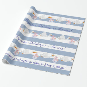 Baby-Storch-Geschenkpapier Blau-Weiß-Streifen Geschenkpapier