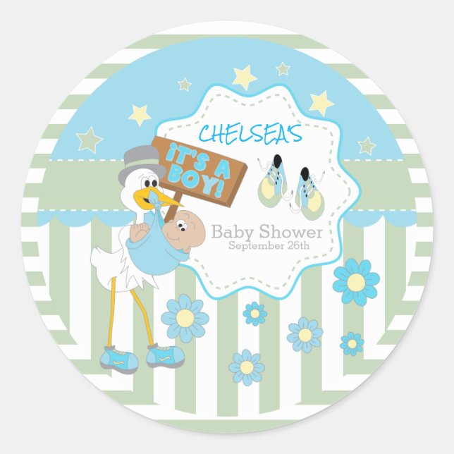 Baby Stork Baby Boy Dusche Runder Aufkleber (Vorderseite)