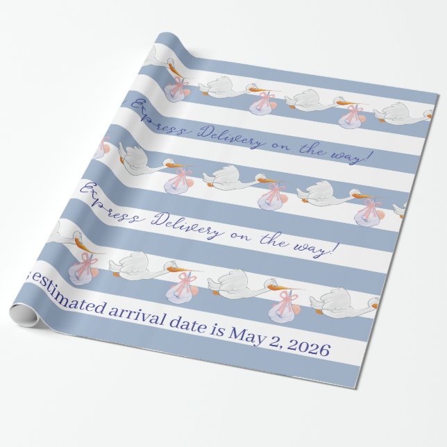 Baby Stork Wrapping Paper Blue & White Stripe  Geschenkpapier (Ungerollt)