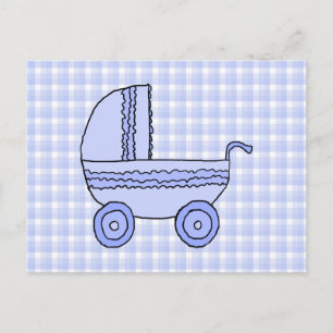 Baby Stroller Light Blue on Karo Pattern. Postkarte