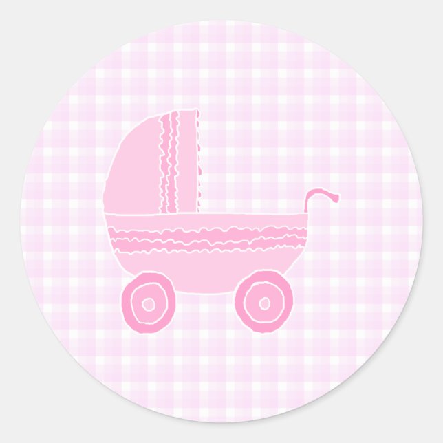 Baby Stroller Light Pink on Pink Gingham. Runder Aufkleber (Vorderseite)