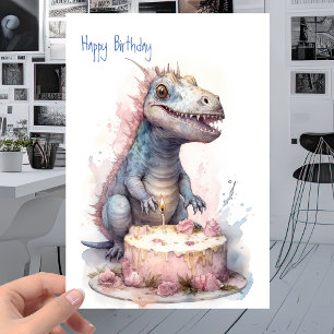 Baby T-Rex Dinosaur with Cake - Kids Birthday Karte