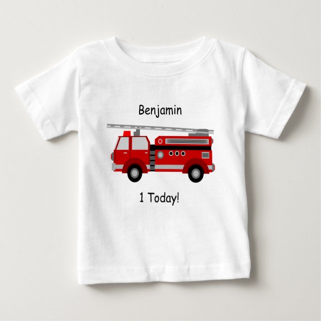 Baby-T - Shirt mit Feuer-LKW, Namen und "1Today! " (Vorderseite)