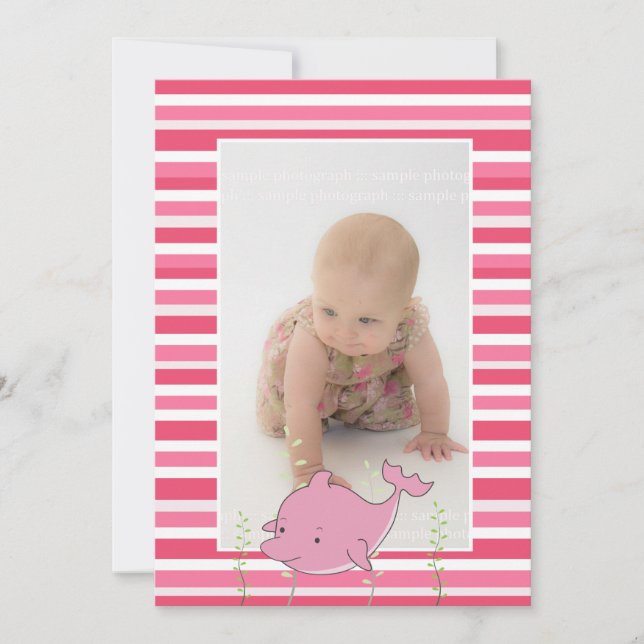 Baby Taufe Christening Pink Dolphin Foto Einladung (Vorderseite)