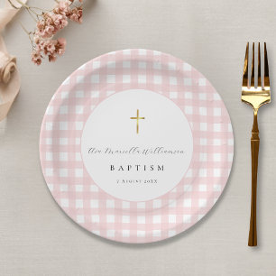 Baby-Taufe-Papier im rosa Gingham-Muster für Mädch Pappteller