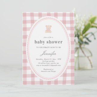 Baby Teddy bear Baby shower Pink Gingham Einladung