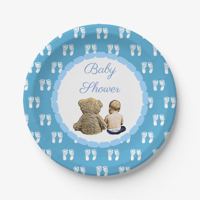 Baby & Teddy Bear Blue Footprints Baby Dusche Pappteller (Vorderseite)