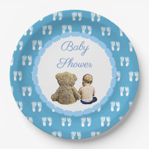 Baby & Teddy Bear Blue Footprints Baby Dusche Pappteller