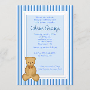 Baby Teddy Bear Blue Stripe Babydusche Einladung