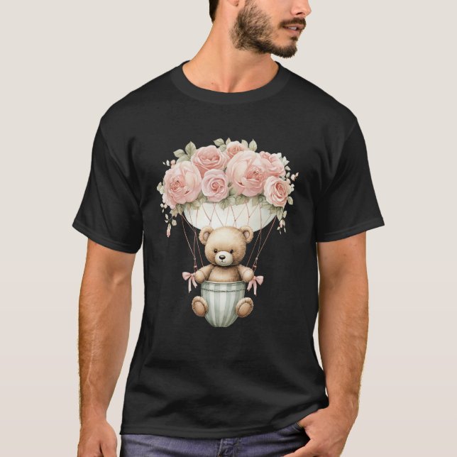 Baby Teddy Bear Pink Peony Blumen Hot Air Ballon T-Shirt (Vorderseite)