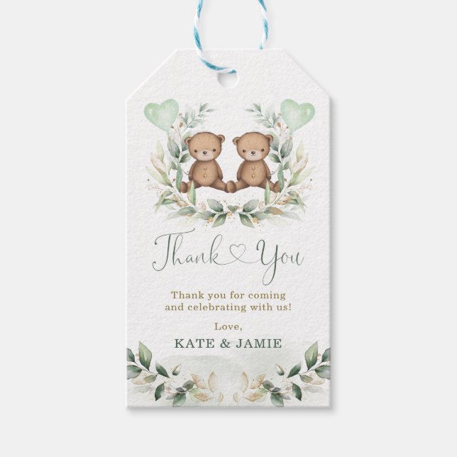 Baby Teddy Bear Twins Greenery Gold Eucalyptus Geschenkanhänger (Vorderseite)