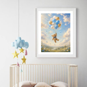Baby-Teddybär schwebt mit Luftballons Poster