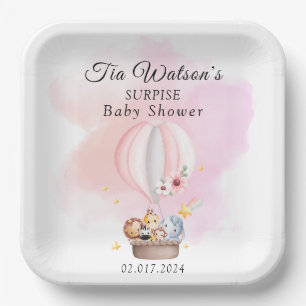 Baby Tiere in einer rosa Heißluftballon Papierplat Pappteller