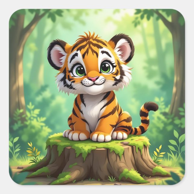 Baby Tiger | Cute Cartoon Kid's Nursery Art Quadratischer Aufkleber (Vorderseite)