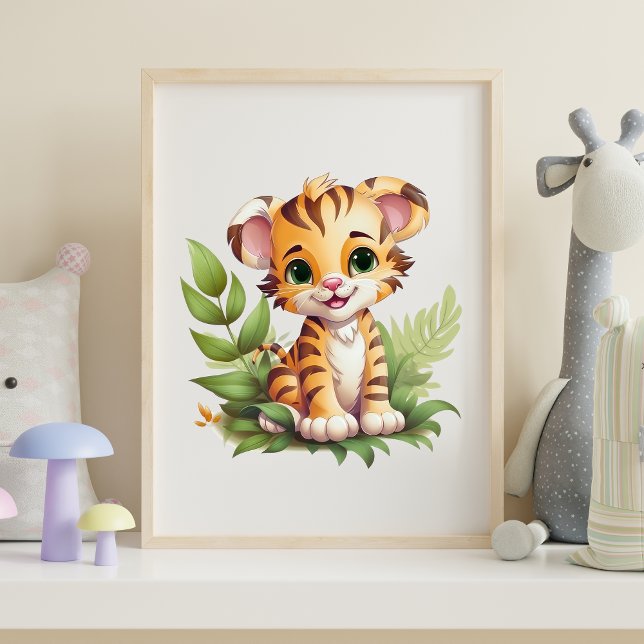 Baby Tiger Jungle Verlasse Kinderzimmer Wine Art Poster (Baby Tiger with Jungle Leaves Nursery Wall Art Poster Print Available in many sizes, Framed or not)