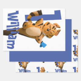 Baby Tiger Kariert erster Geburtstag Geschenkpapier Set