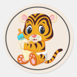 Baby Tiger mit Flasche und Windeln mit Rahmen Runder Aufkleber